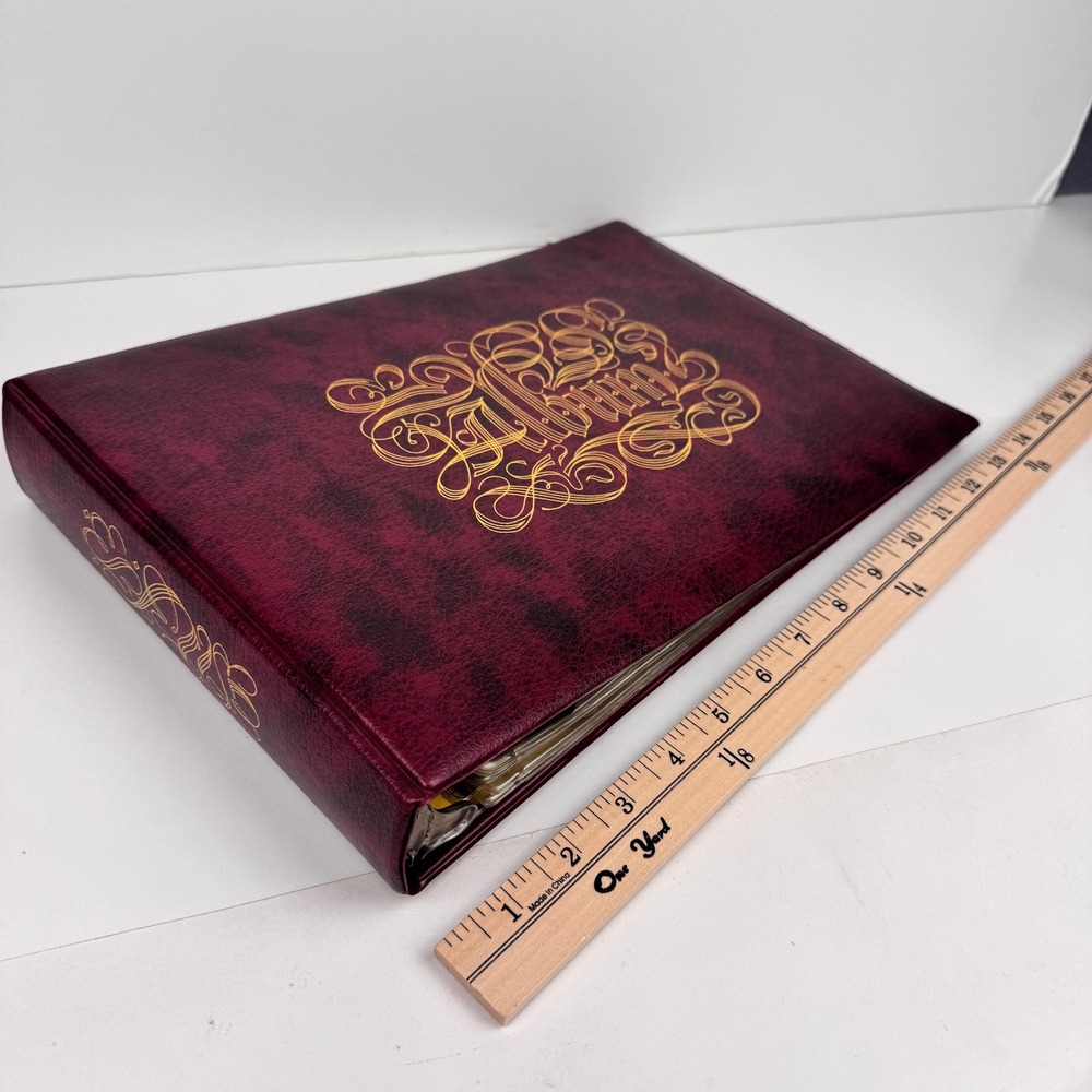 Vtg Rectangle Maroon Photo Album Gold Lettering Filigree Plastic Inserts READ